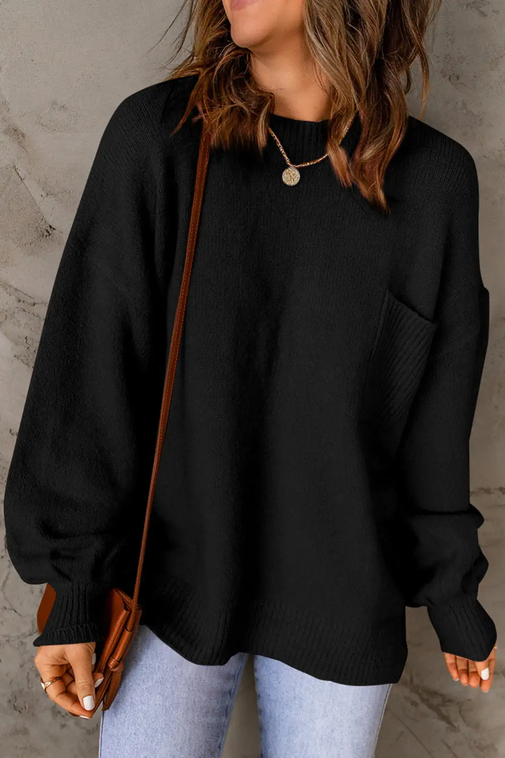 Solid Puff Sleeve Pocketed Sweater