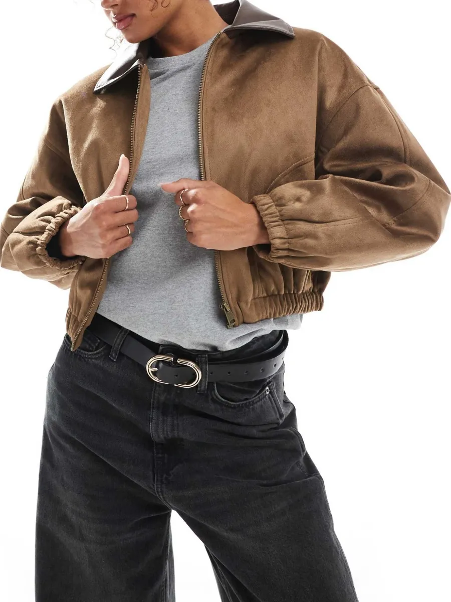 Suede Contrast-Collar Jacket