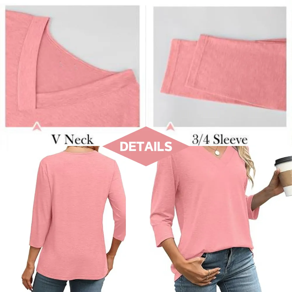 3/4 Length Sleeve Women's Tops V Neck Casual Tunic Tops Basic Shirts