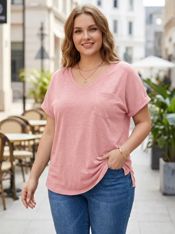 Women's Plus Size Olive Green V-Neck Pocket T-Shirt