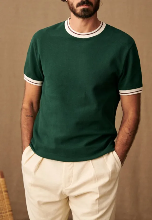 Dark Green White Trim Crew Neck Cotton T-Shirt