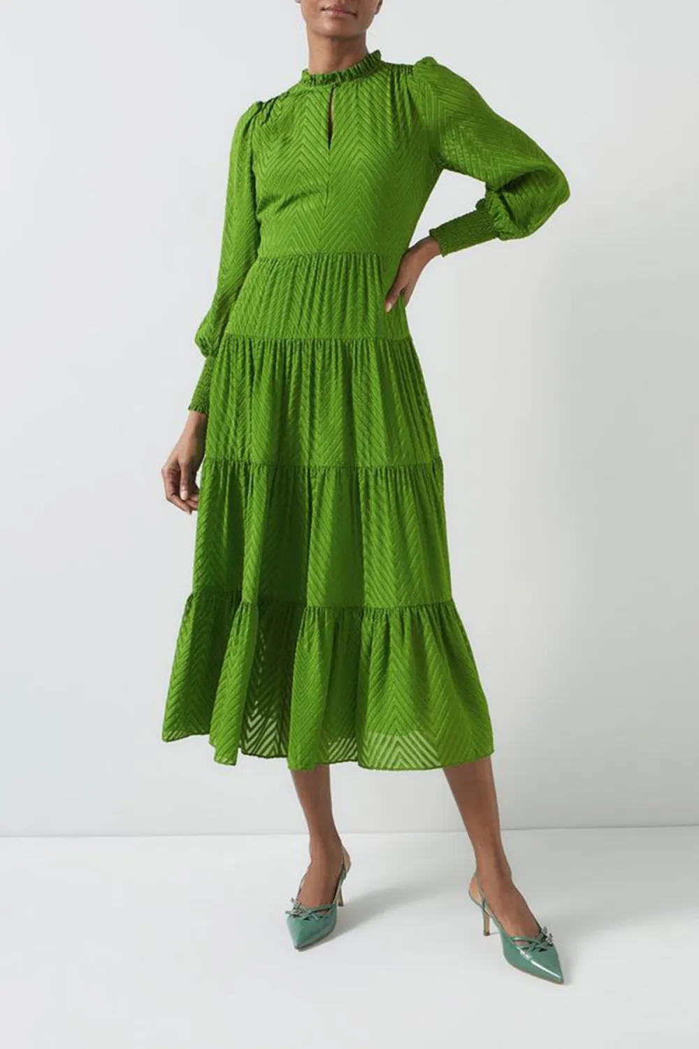 Green Tiered Long Sleeve Maxi Dress