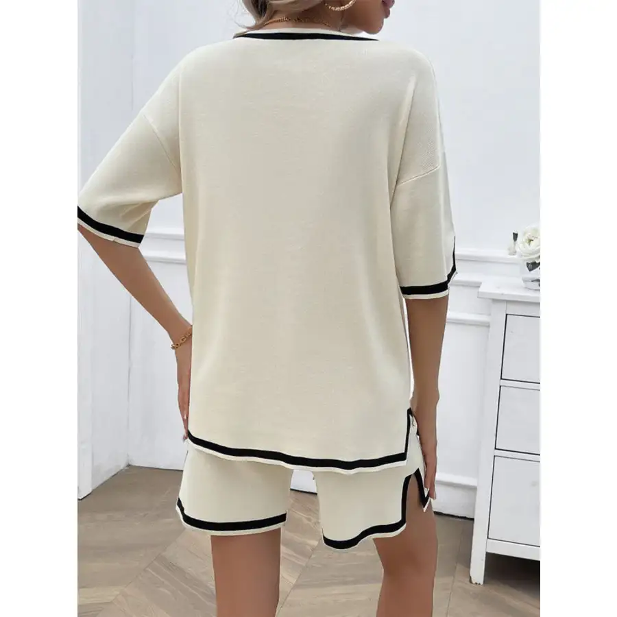 Contrast Trim V Neck Top and Shorts Set