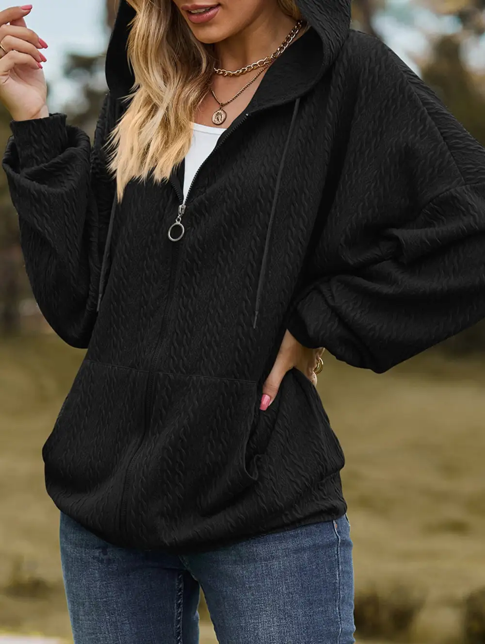 Pocket Long-Sleeved Loose Hooded Sweatshirt