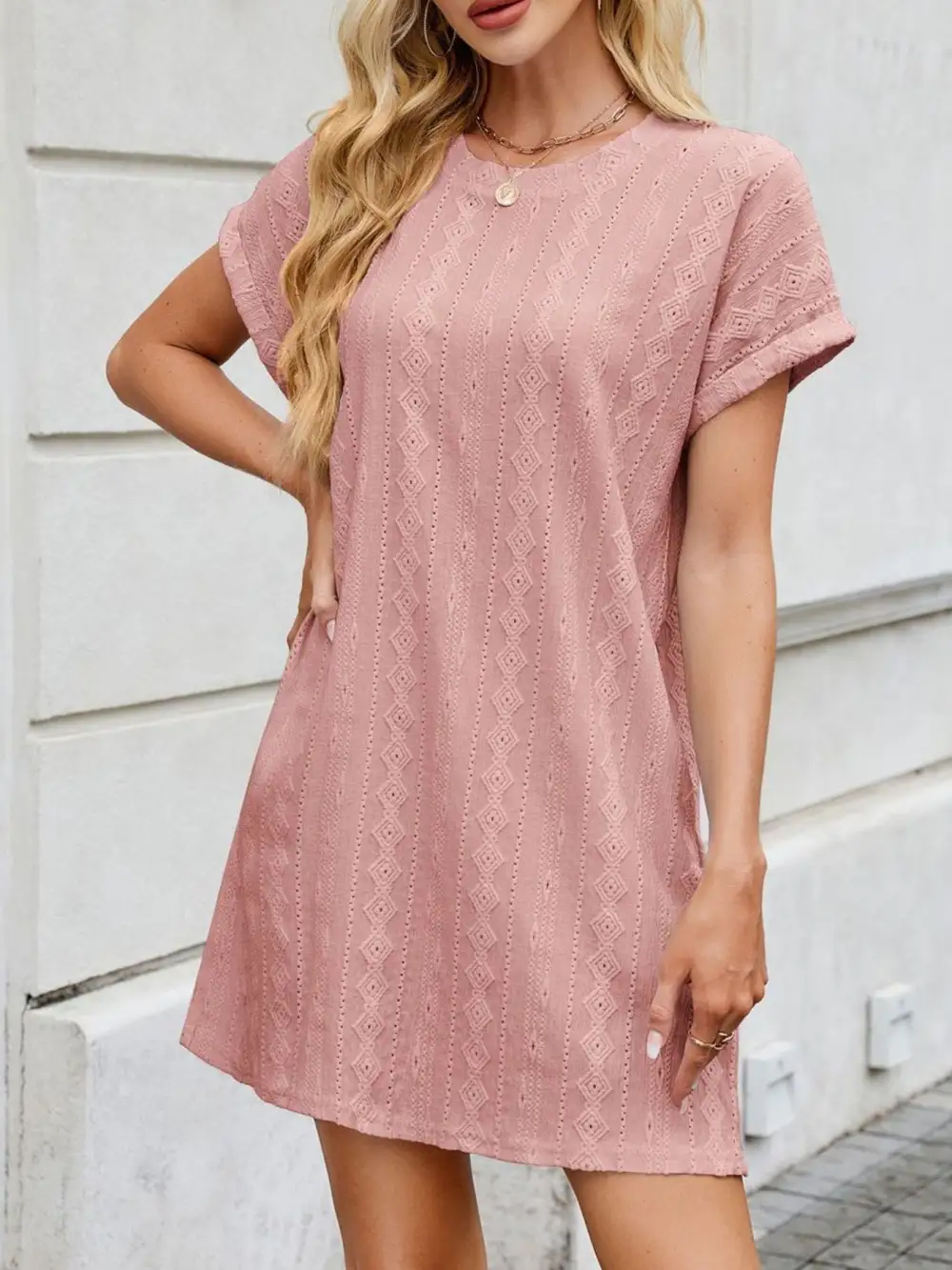 Eyelet Round Neck Mini Dress