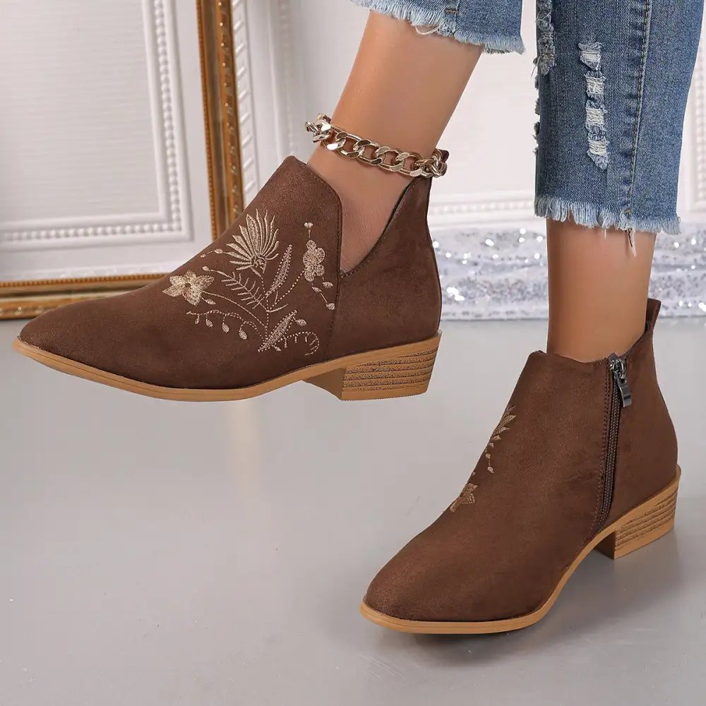 Embroidered Suede Pointed Toe Block Heel Boots