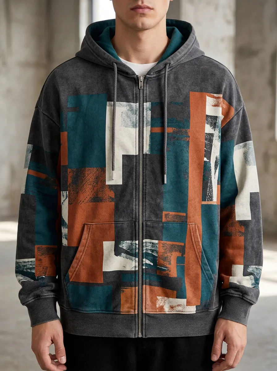 Men's Abstract Geometric Pattern Geometric Detail Zip-Up Hoodie
