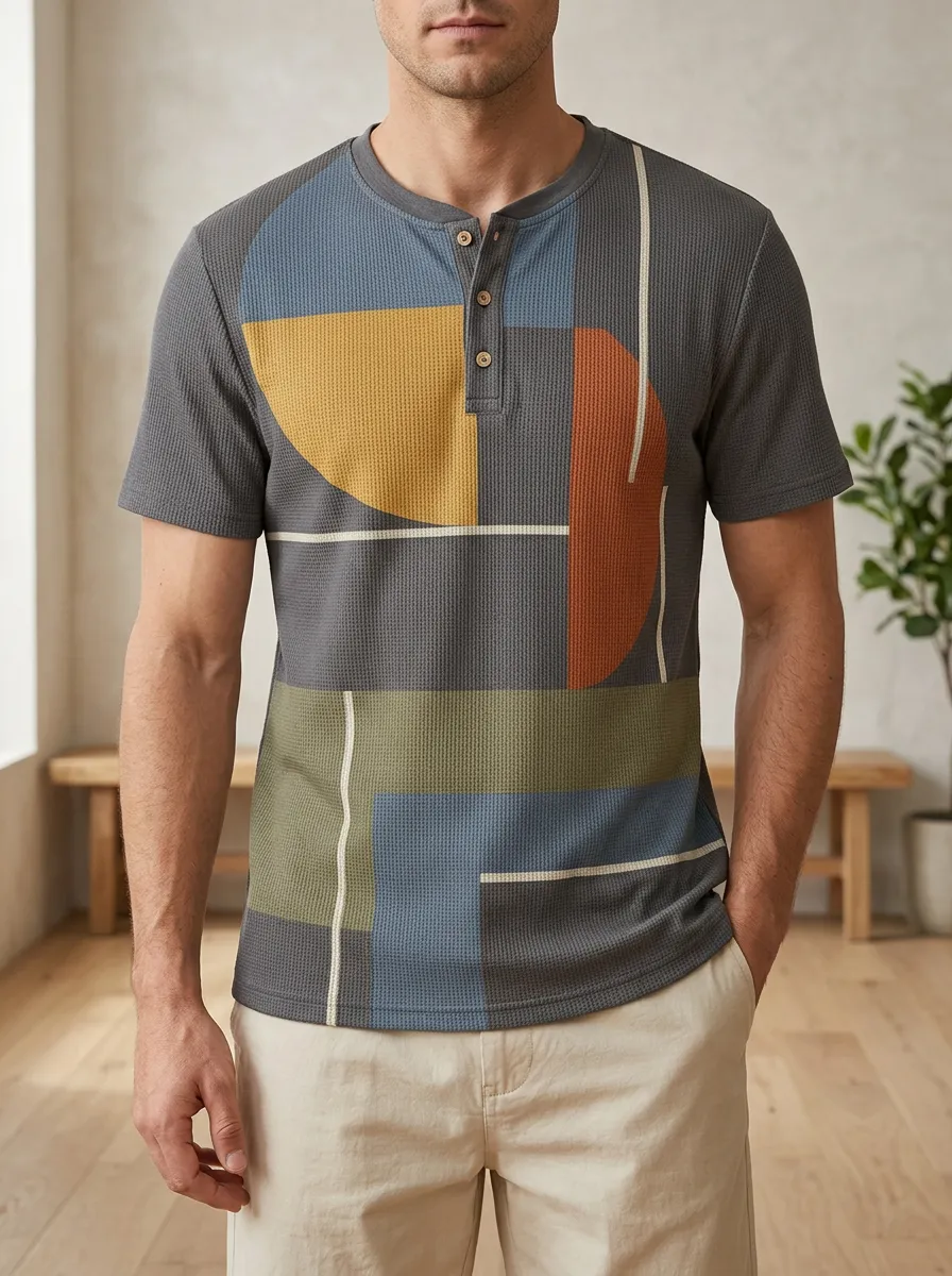 Men's Relaxed Geometric Abstract Henley T-Shirt