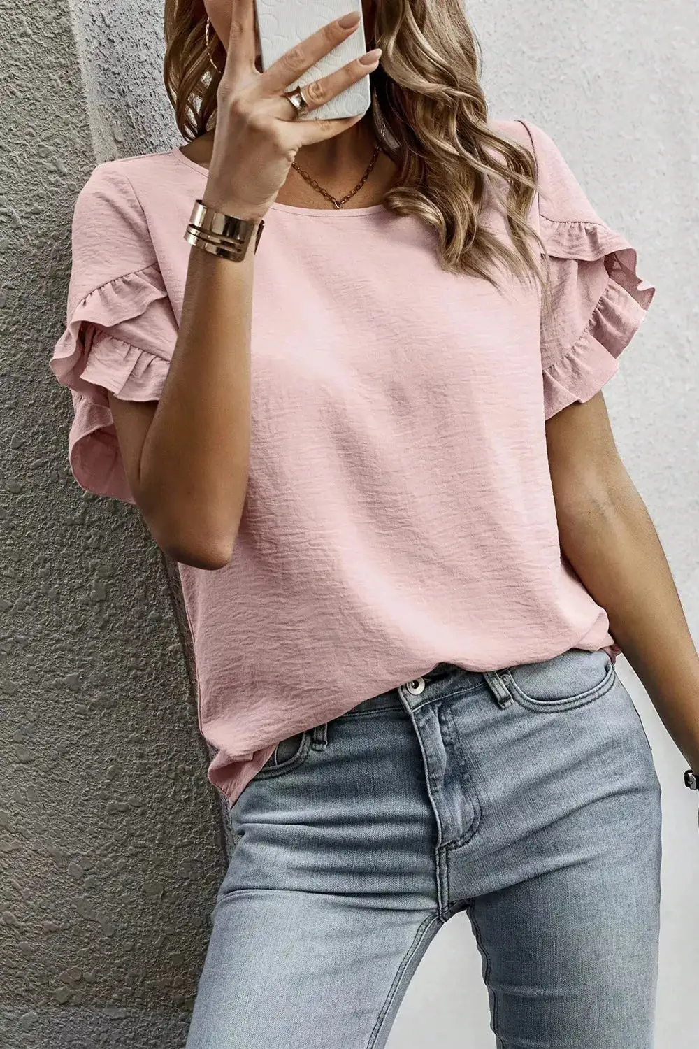 Ruffle Trim Short Sleeve Blouse