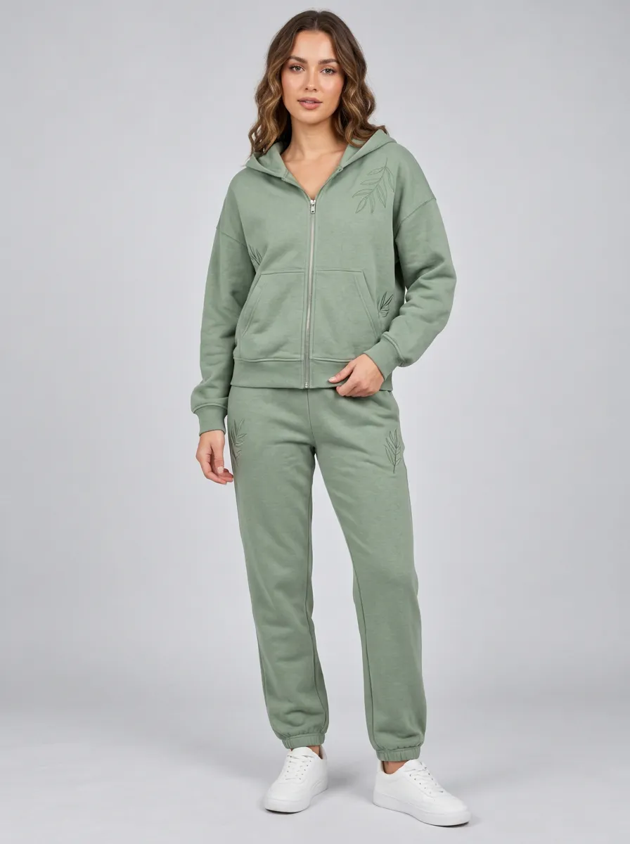 Women's Sage Green Cuffed Joggers Relaxed Fit Zip-Up Hoodie Jacket & Jogger Set