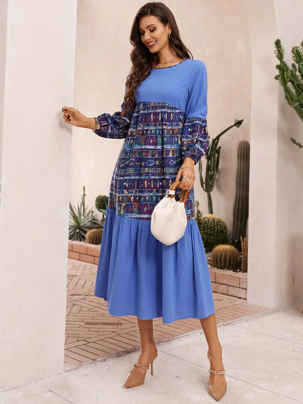Geo Print Lantern Sleeve Dress
