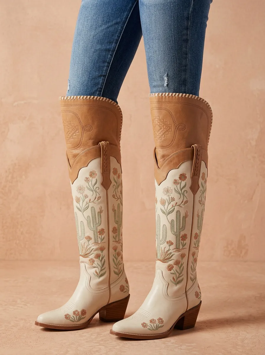 Women's Western Cactus Floral Geometric Embroidered Embossed Braided Denim Over-the-Knee Boots