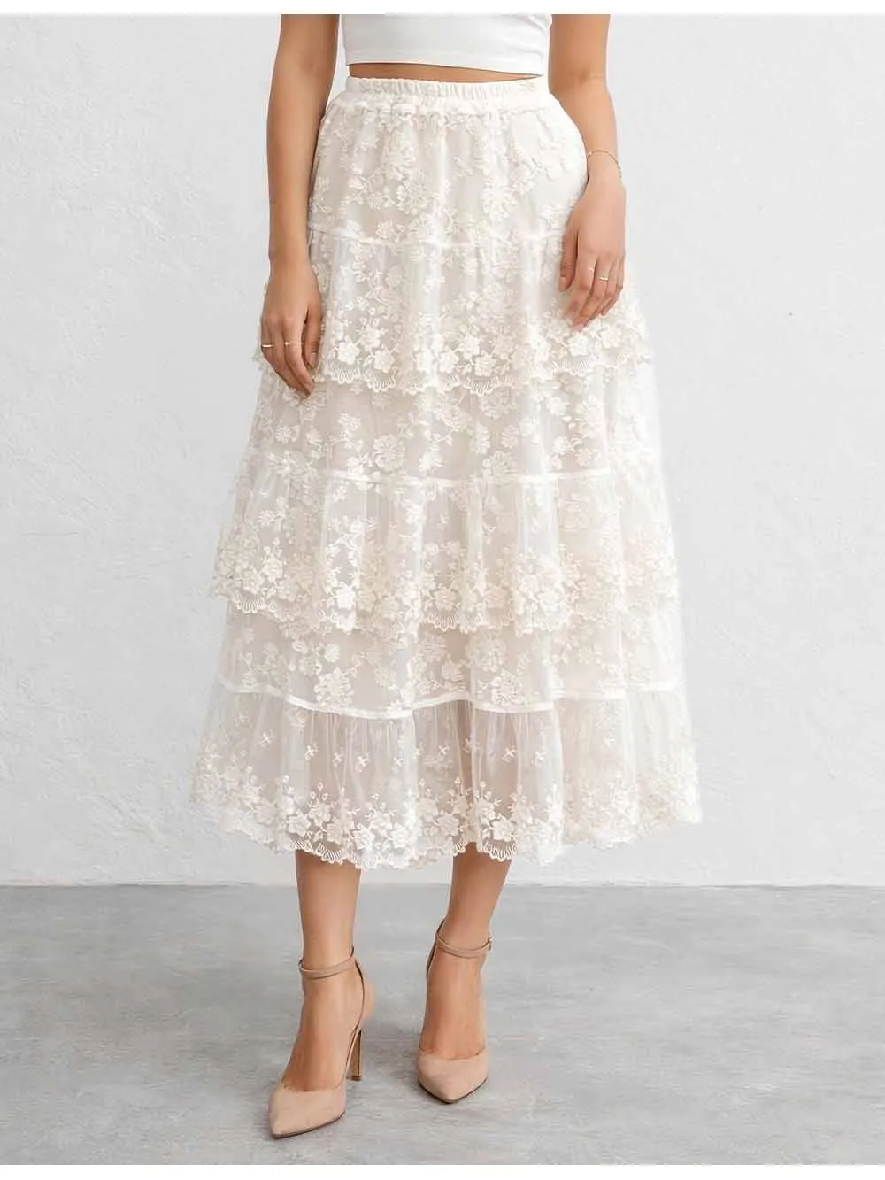 Boho Lace Tiered Ruffle Elastic Waist Maxi Skirt