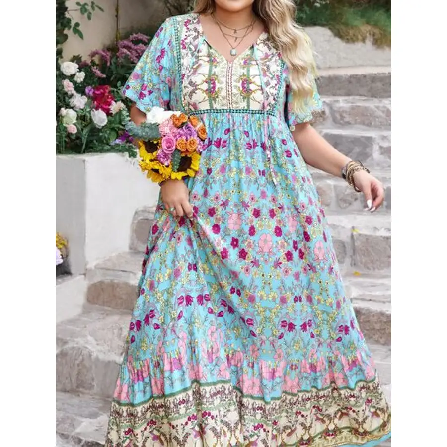 Everyday Plus Size Printed Tie Neck Flutter Sleeve Maxi Dress