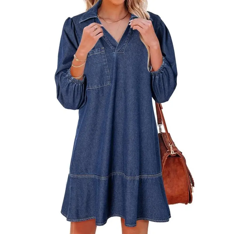 Women Fashion Fall Casual Babydoll 2025 V Neck 3/4 Puff Sleeve Jean Dresses