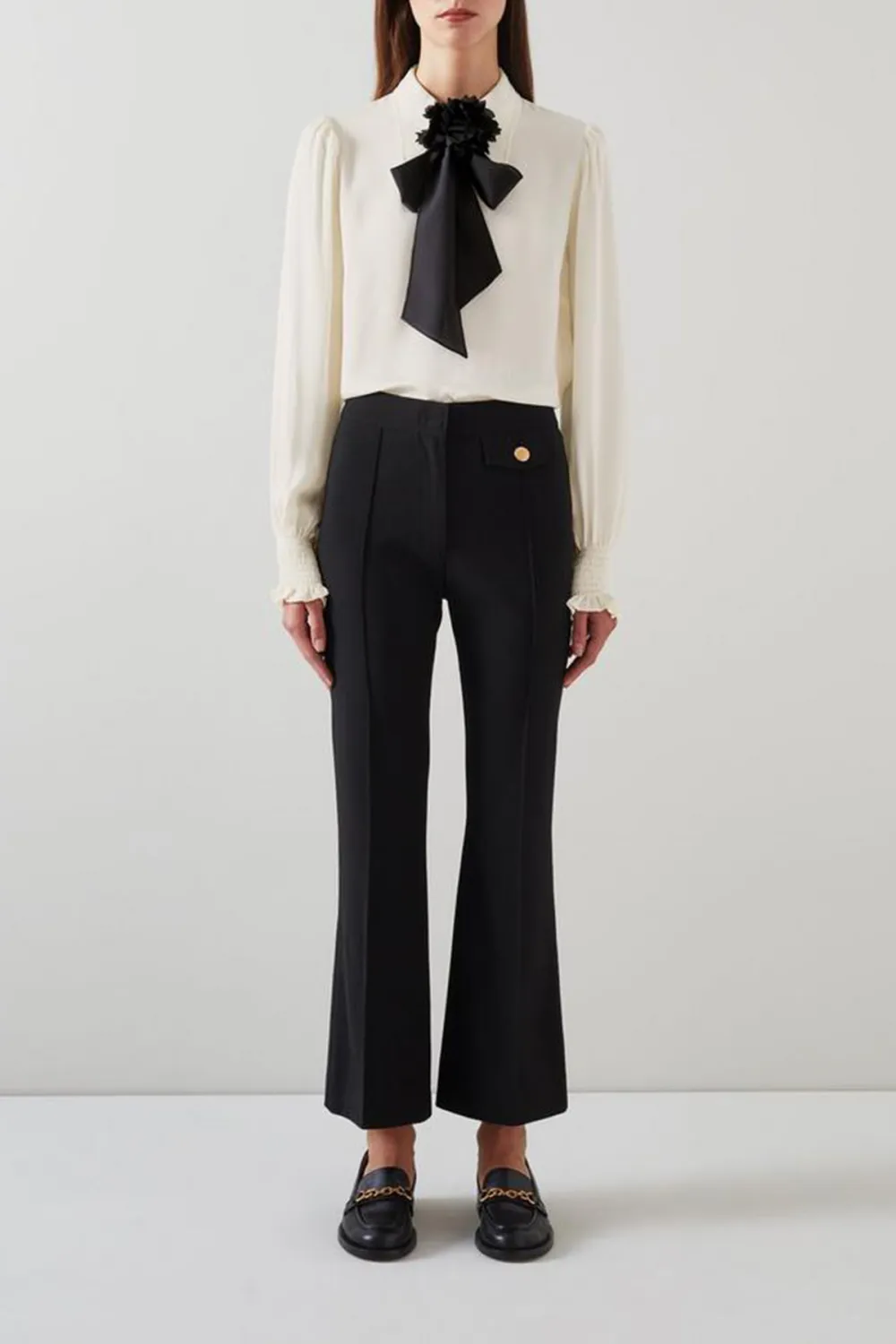 White Long Sleeve Bow Detail Silk Blouse