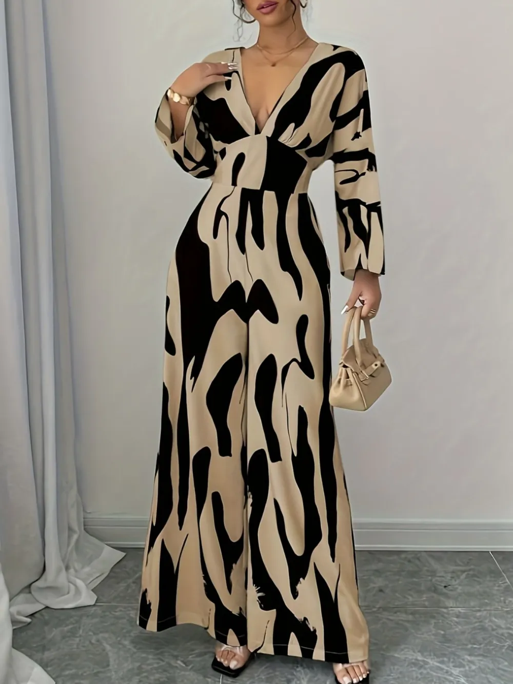 Abstract Print V Neck Wide Leg Jumpsuit