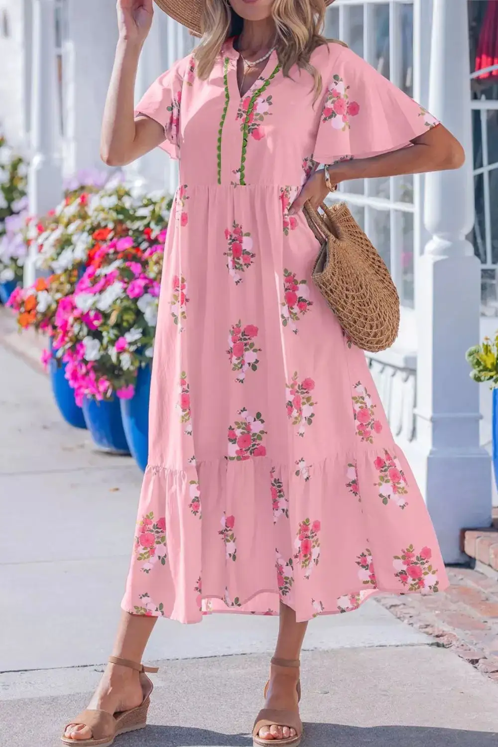 Floral Printed Split Neck Dress Casual