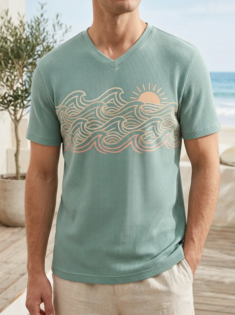 Men's Beach Lover Ocean Wave Sun Printed V-Neck T-Shirt