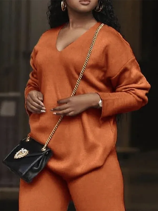 V-Neck Long Sleeve Relaxed Fit Easy Fit Pullover Sweater