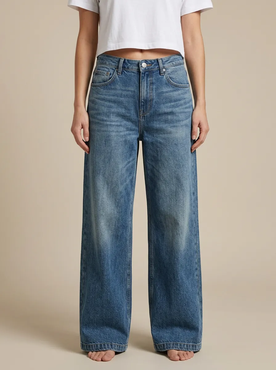 Women's Relaxed Whiskered Five-Pocket Wide-Leg Denim Jeans