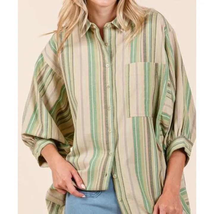 Striped Bubble Sleeve Button Down Shirt
