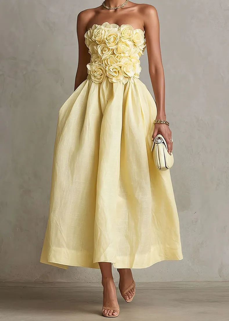 Romantic Textured Floral Strapless Midi Dress