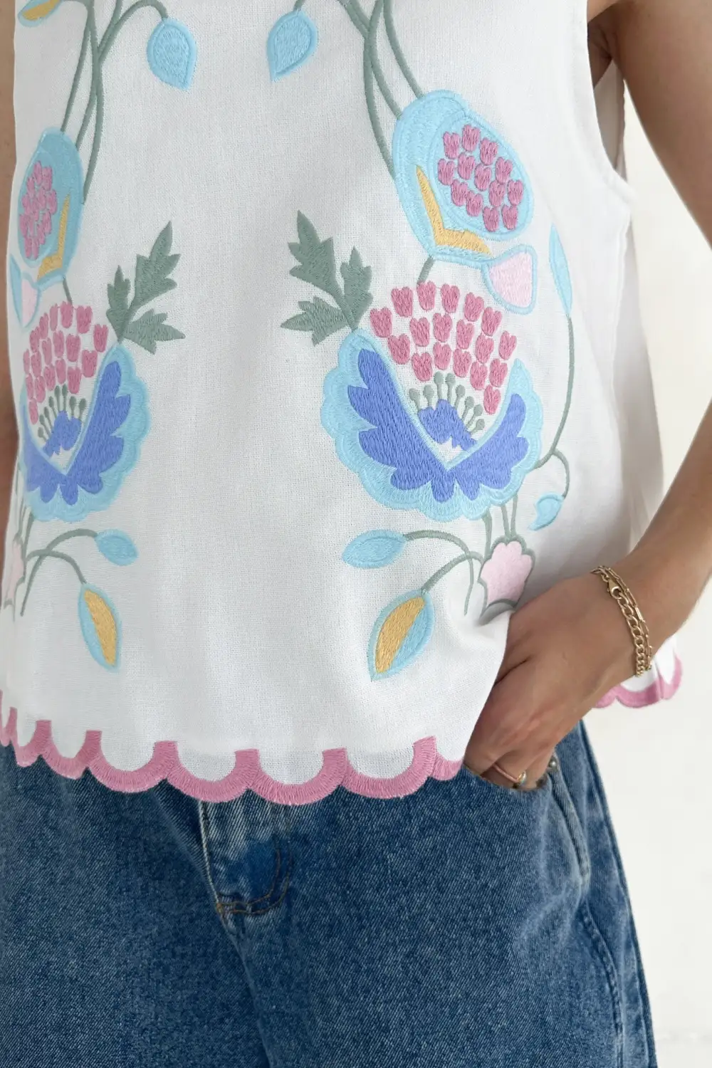 Modern Floral Embroidered Sleeveless Top