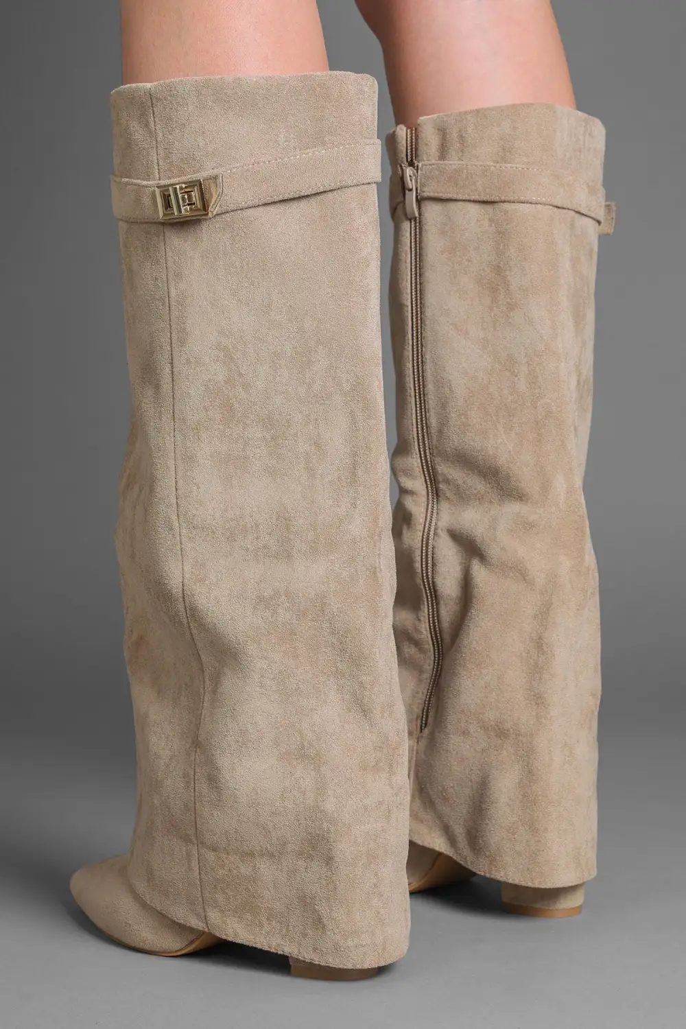 Western Slouch Fold-Over Buckle Detail Knee High Boots
