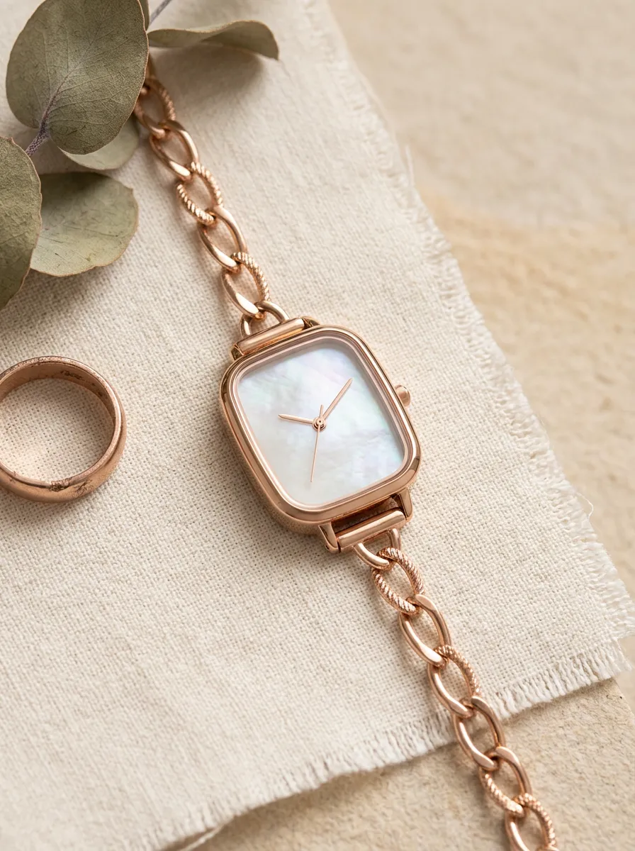 Rose Gold Mother-of-pearl Rectangular Link Watch