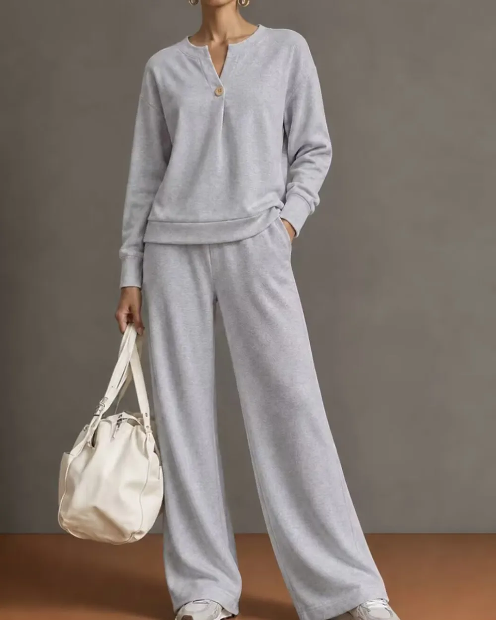 V-Neck One-Button Sweatshirt Set