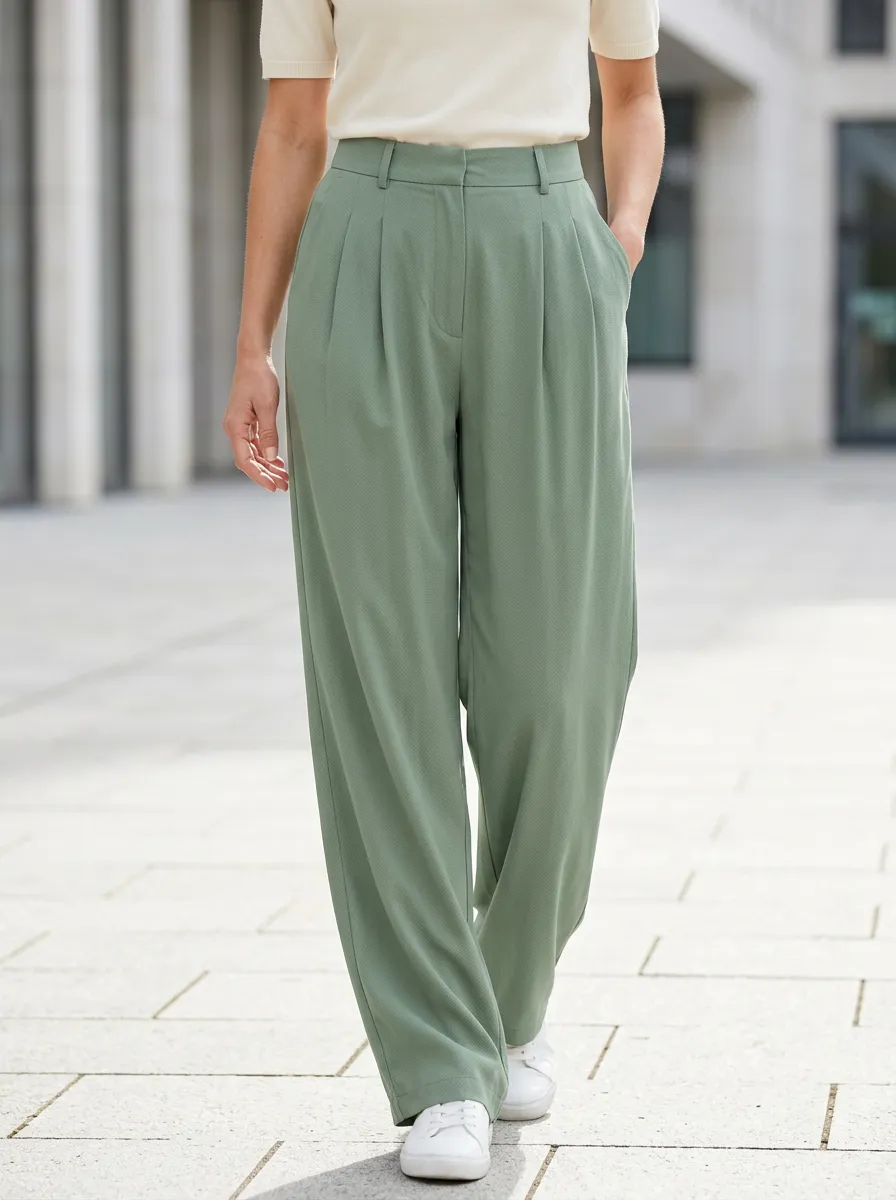 Women's Casual Pleated Wide-Leg High-Rise Waist Belt Loops Pants