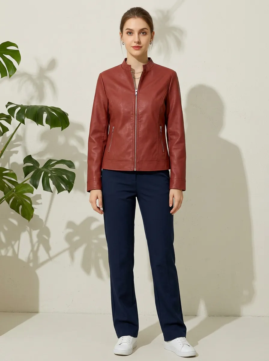 Women's Casual Fashion Red Faux Leather Zip-Up Jacket