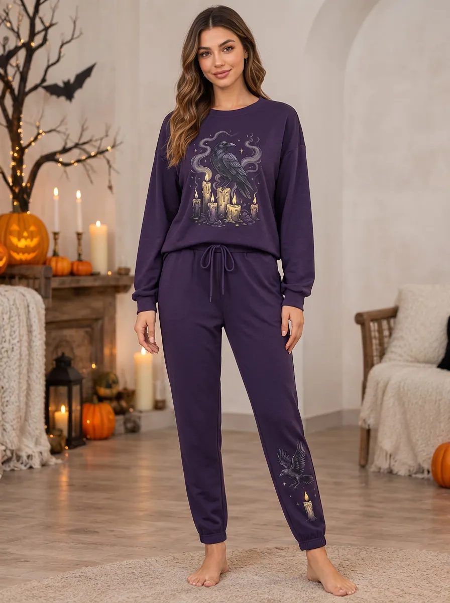 Women's Deep-Purple Raven-Candle Sweatshirt & Joggers Two-Piece Set