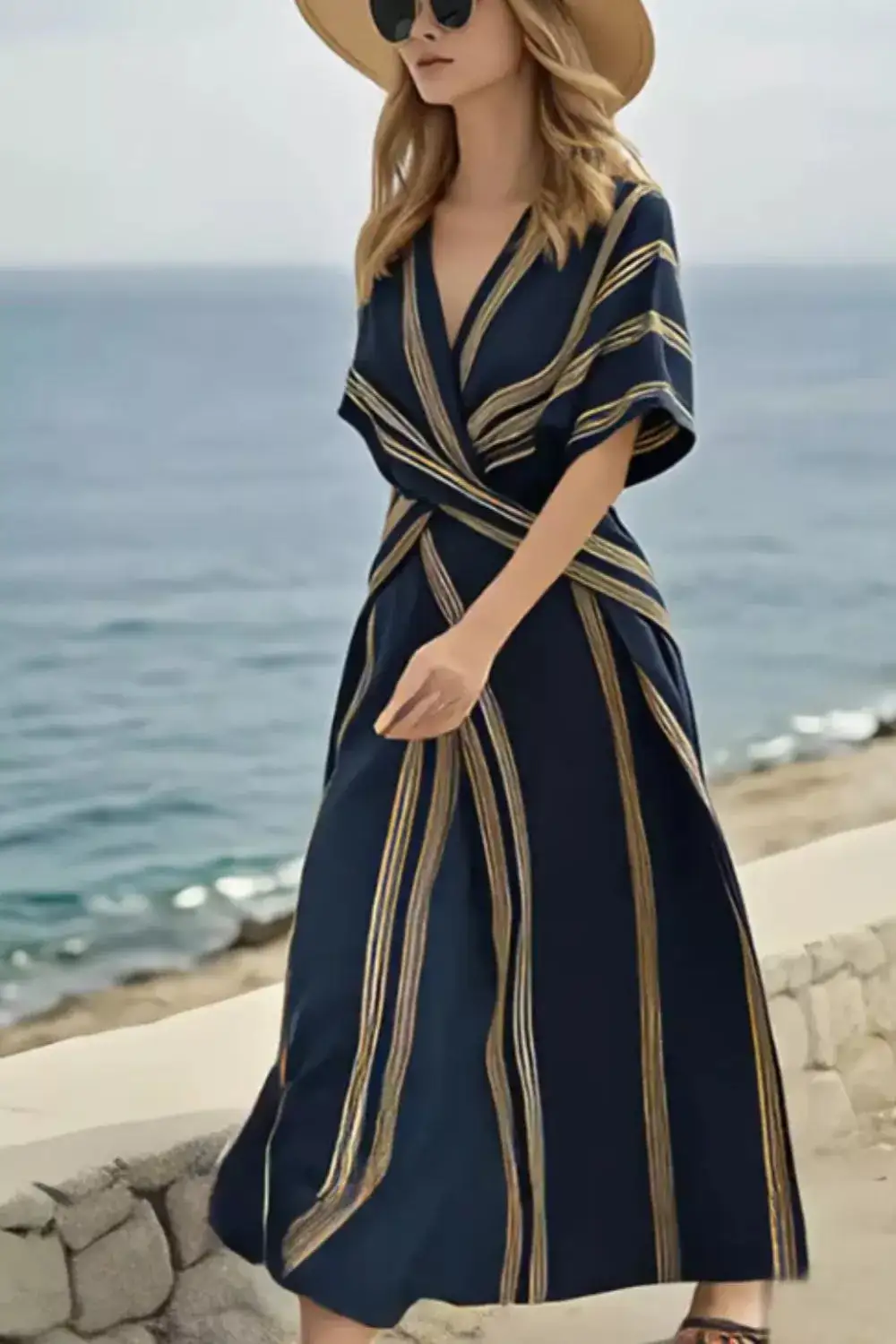 Striped Wrap Short Sleeve Maxi Dress