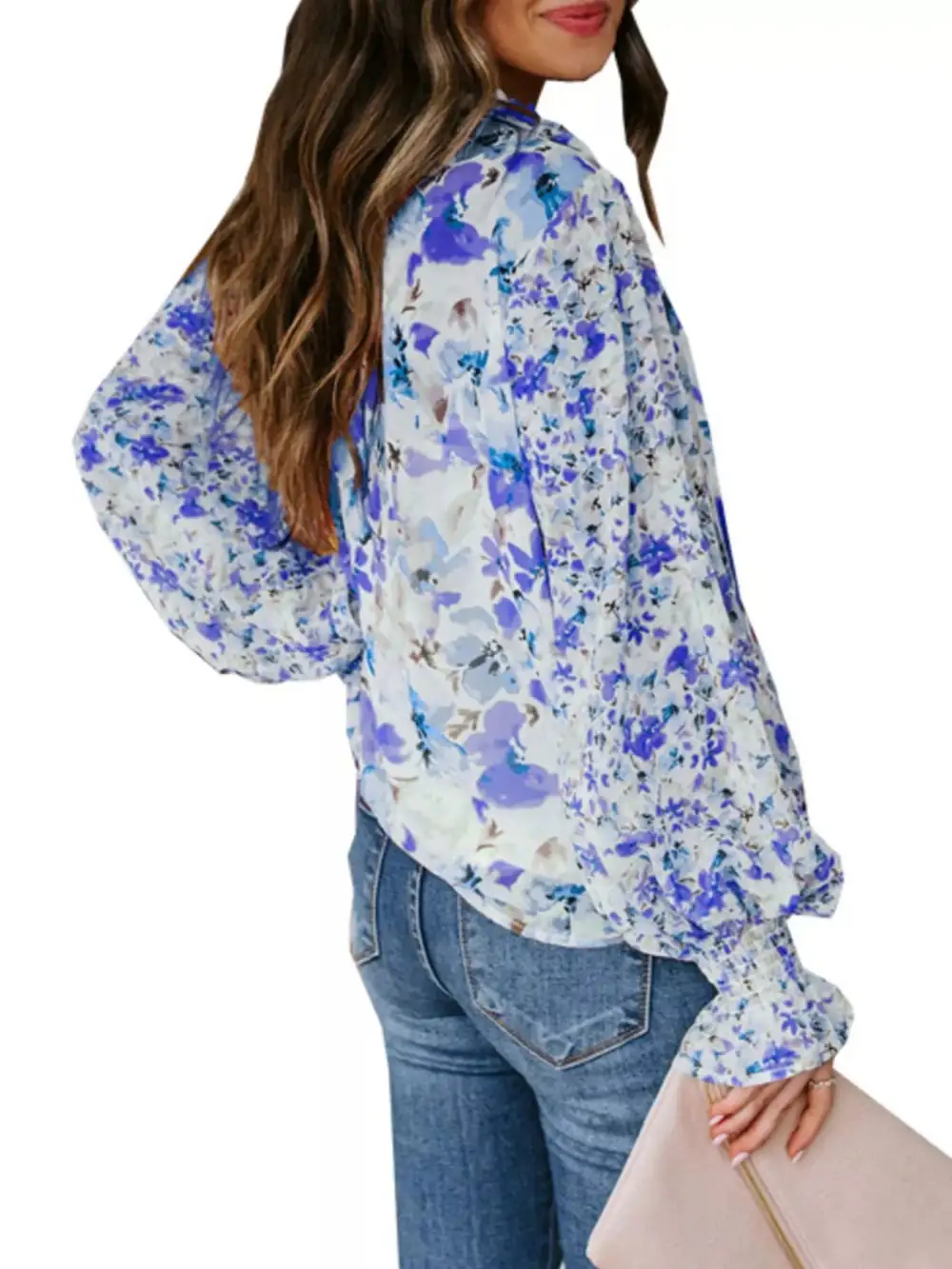 Floral Print Smocked Cuff Blouse Plus