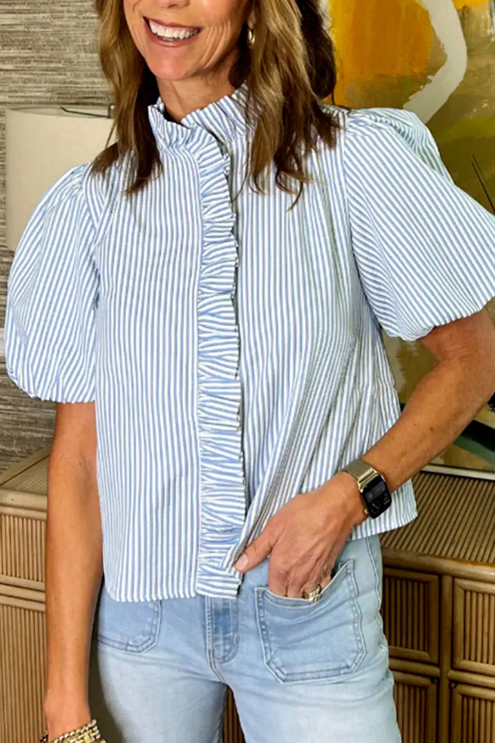 Ruffle Sleeve Bubble Sleeve Casual Shirt