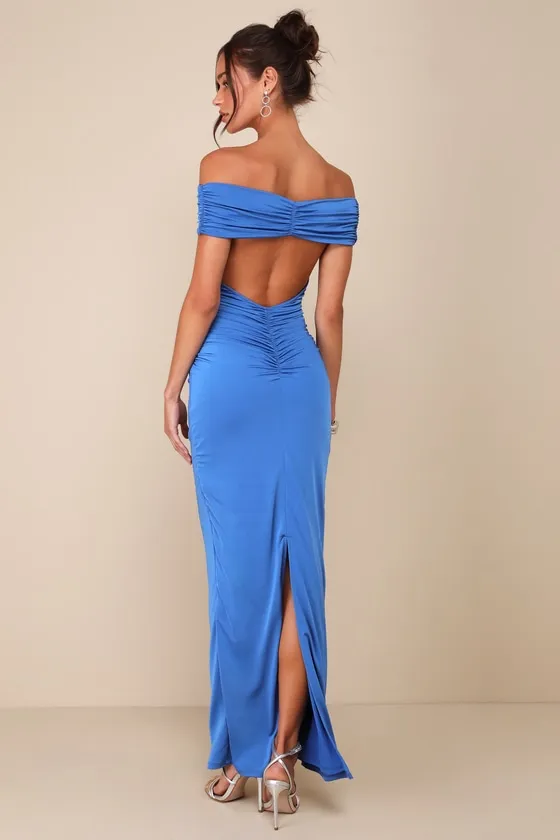 Brilliant Elegance Teal Off-the-Shoulder Backless Maxi Dress