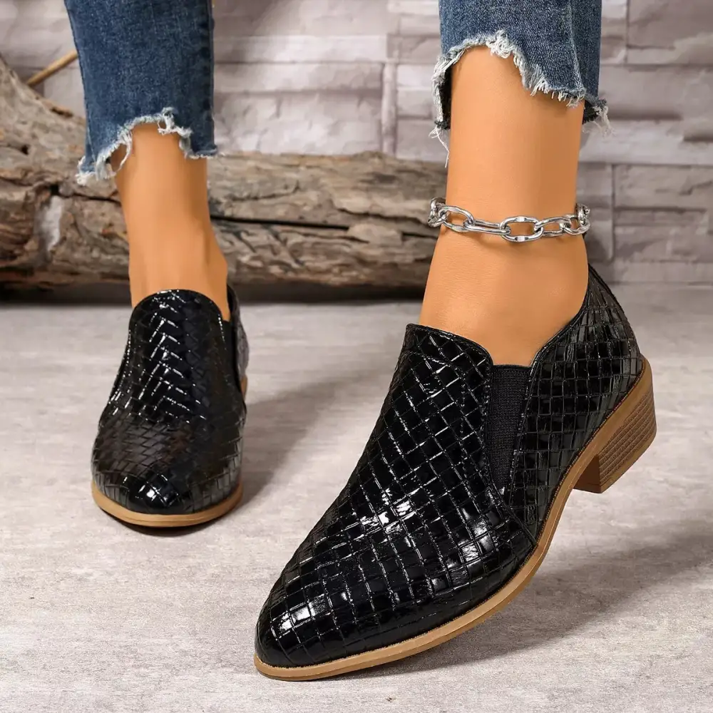 Textured Point Toe Block Heels Ankle Boots
