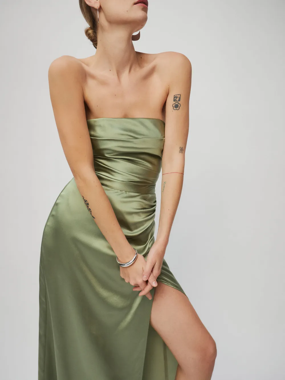 Strapless Ruched Satin Maxi Dress