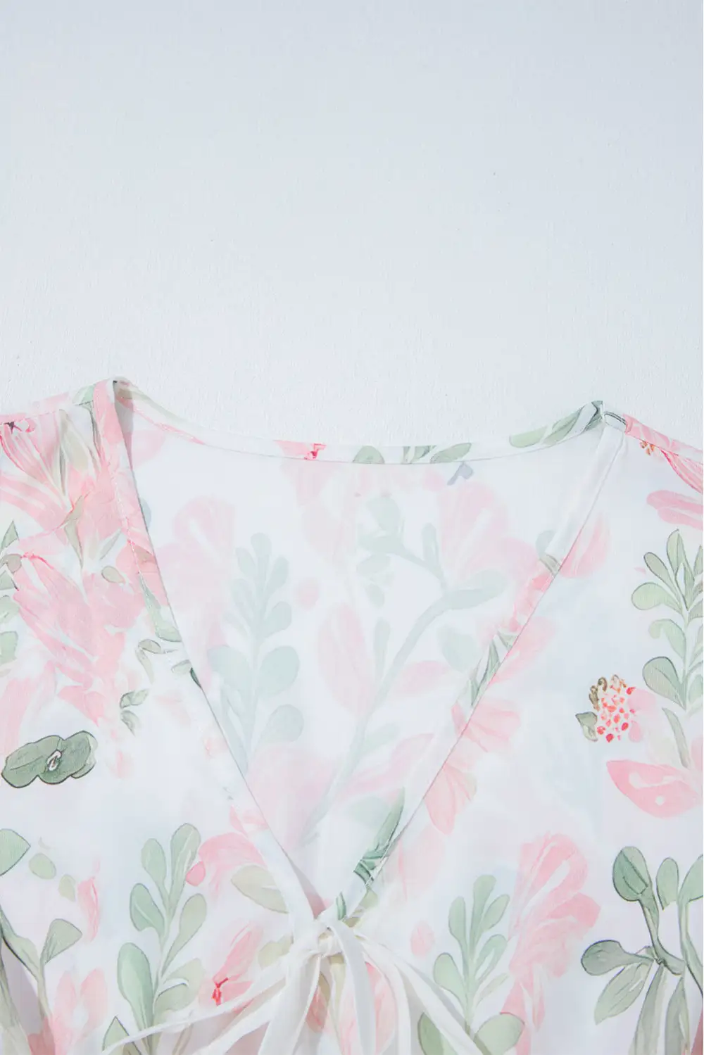 Pink Floral Puff Sleeve V Neck Tied Front Peplum Blouse