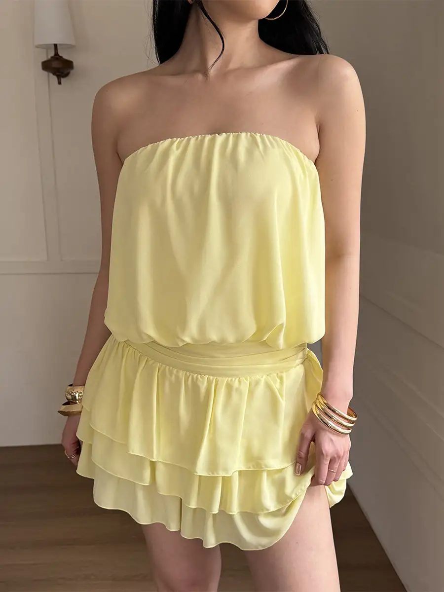 Sleeveless Elasticity Pleated Ruffle Solid Color Split Joint Tube Mini Dress