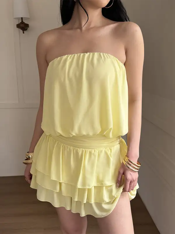 Sleeveless Elasticity Pleated Ruffle Solid Color Split Joint Tube Mini Dress