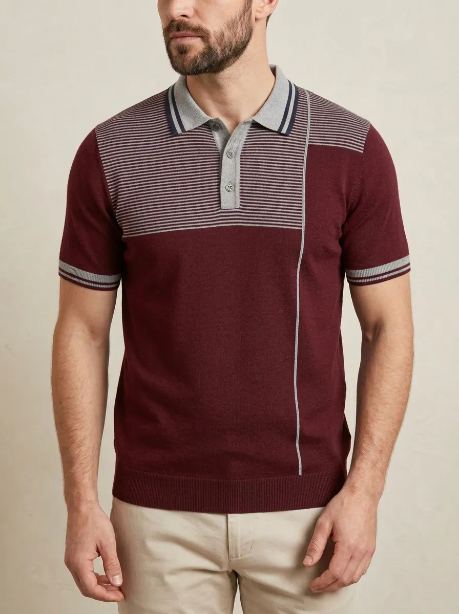 Men's Knit Ribbed Textured Horizontal-Stripe Colorblock Running Graphic Polo Shirt