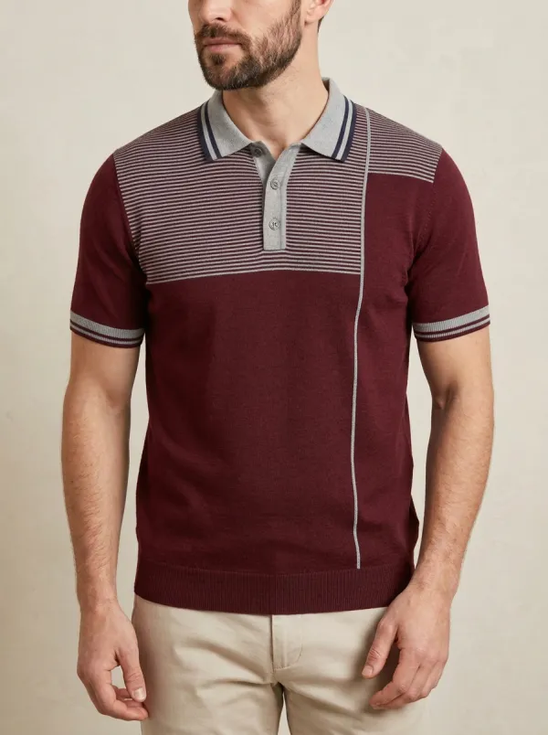 Men's Knit Ribbed Textured Horizontal-Stripe Colorblock Running Graphic Polo Shirt