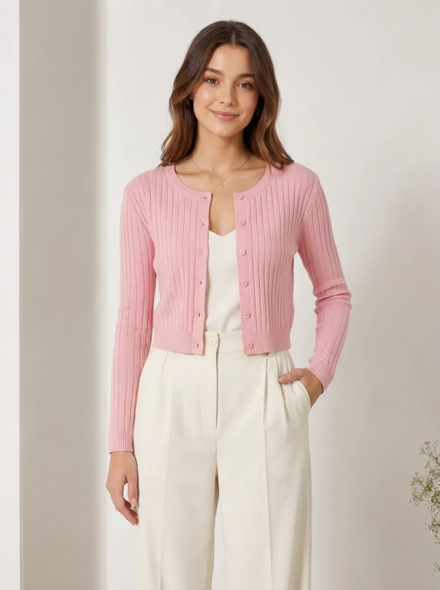 Women's Pink Ribbed Knit Button Down Cardigan