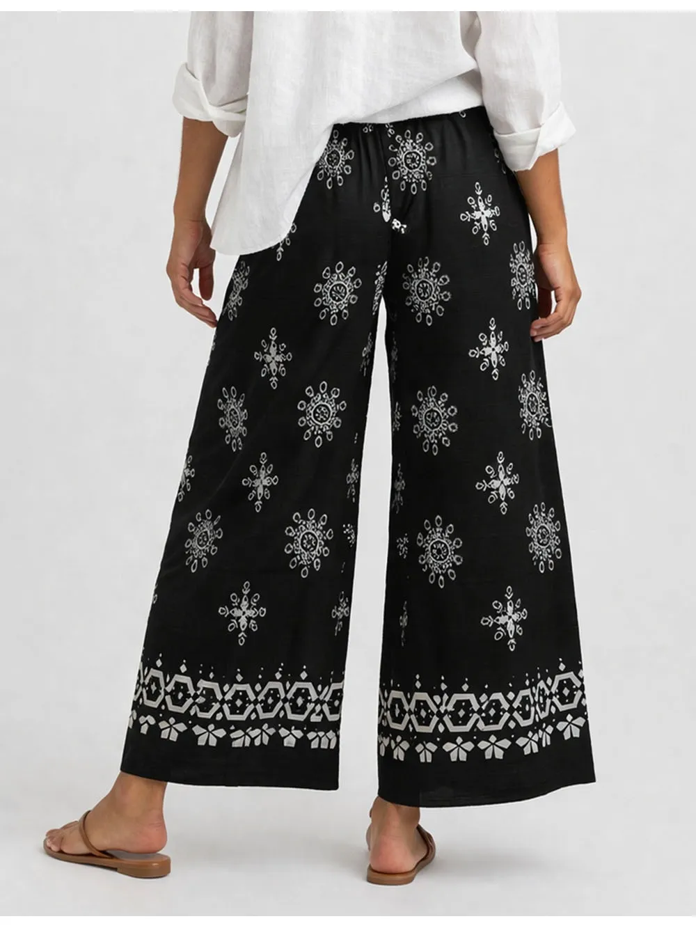 Boho Elastic Waist Lace Up Wide Leg Pants