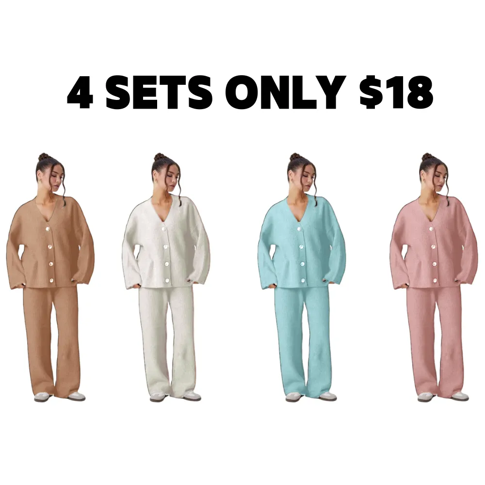Women's Slouchy Solid Color V-Neck Button-Up Long Sleeve Cardigan & Stretch Loose Trousers Co-ord, Minimalist Two Piece Outfits, Cozy Womenswear