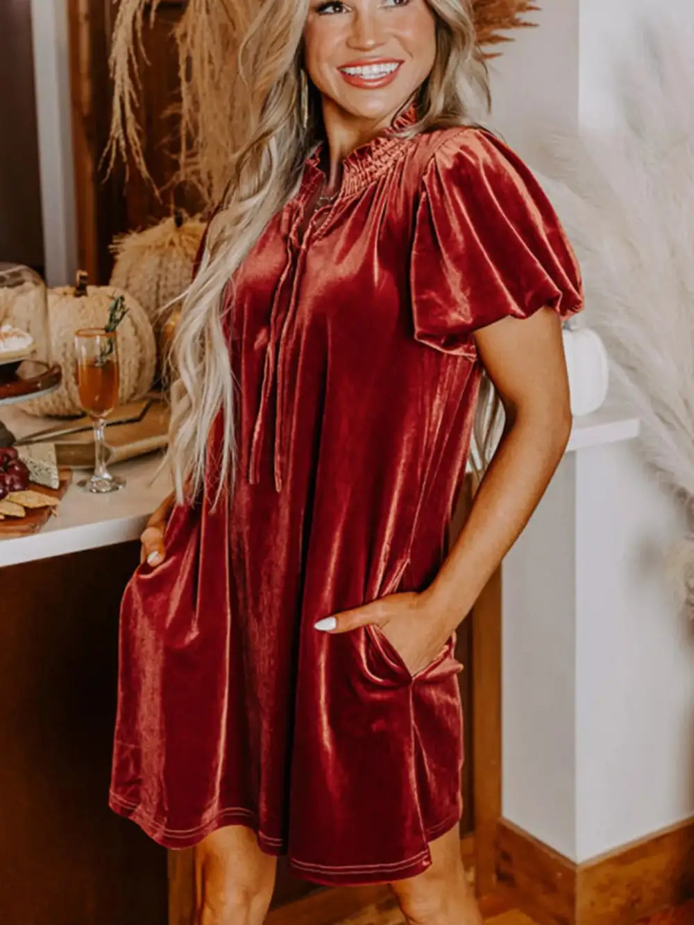 Velvet Puff Sleeve Dress Casual