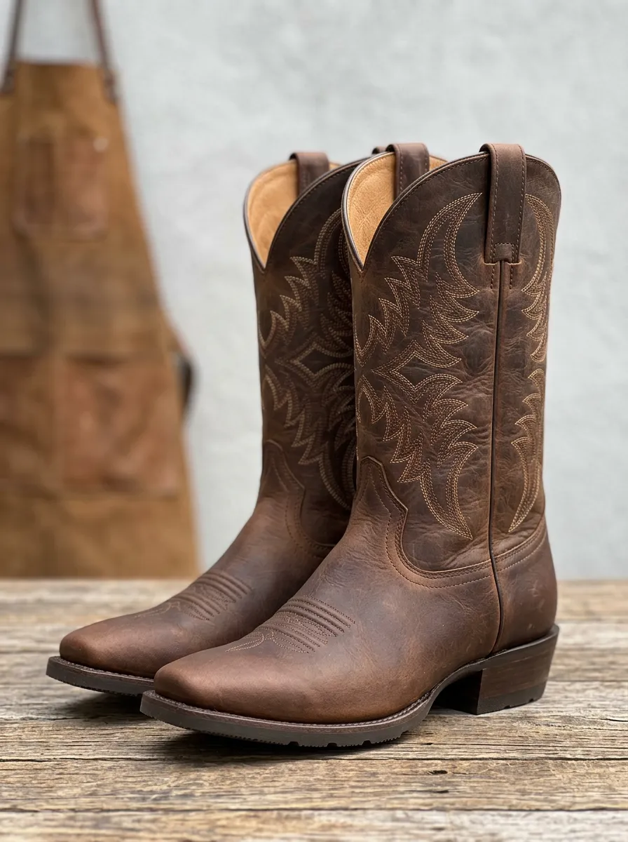 Men's Western Cowboy Embroidered Brown Leather Printed Cowboy Boots